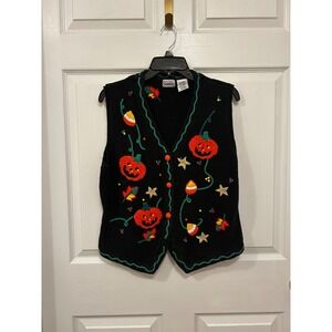 Vintage 90s Halloween Vest Womens L Pumpkin Jack O Lantern Candy Corn Sweater